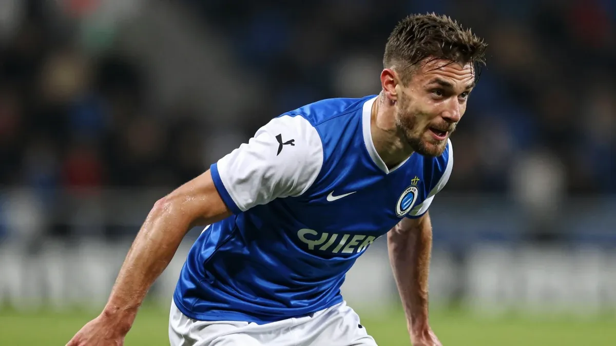 A photorealistic image of a Club Brugge player, wearing a blue jersey with white sleeves, and white shorts, in a tight...