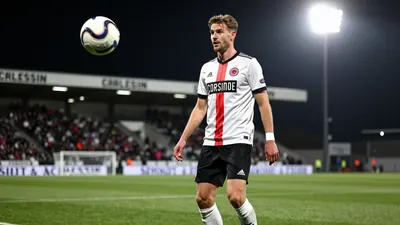 A photorealistic image of an anonymous Cercle Brugge player in a white jersey with a red stripe, black shorts and white...