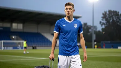 A photorealistic image of an anonymous 22-year-old English midfielder, wearing a blue jersey with white sleeves and a...