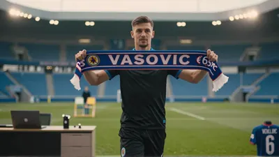 Vasovic, wearing Club Brugge's blue home kit, bursts into frame, warm afternoon sunlight casting long shadows, lush green...