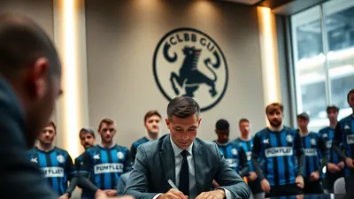 Nicolò Tresoldi, mid-30s, athletic build, dark hair, focused expression, wearing plain Club Brugge home kit - royal blue...