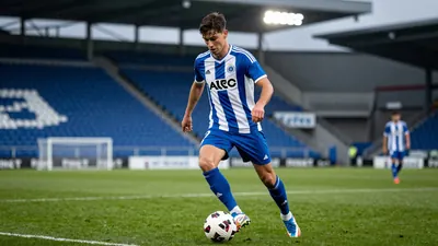 A photorealistic image of an anonymous 20-year-old Spanish winger in a Club Brugge jersey with blue and white stripes...