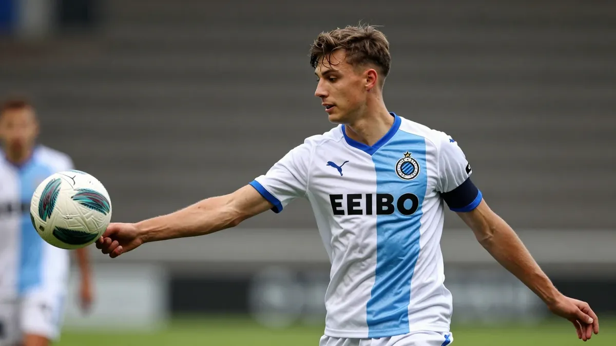 A tight action crop of an anonymous 22-year-old left-back in a Club Brugge jersey, playing a pass, with a blurred...