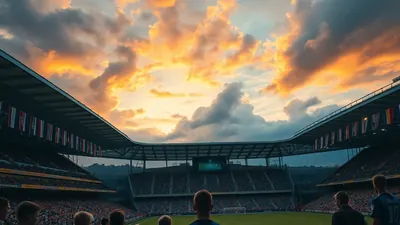 A sea of fans in blue and black scarves and plain jerseys filling a stadium stand, arms raised, mouths open as they...