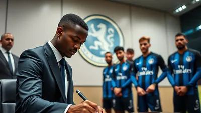 Raphael Onyedika, mid-30s, muscular African-European defender, wearing plain Club Brugge kit: navy blue shirt, black...