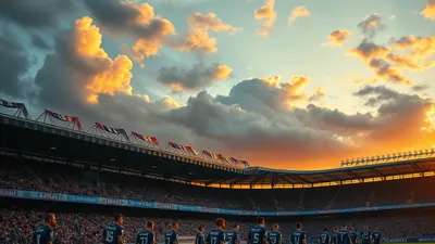 A dejected Club Brugge player in blue and white kit, anonymous face, walks off pitch alone at sunset, warm golden light...
