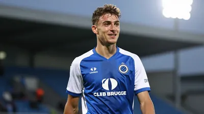 A photorealistic image of an anonymous 21-year-old defender in a Club Brugge jersey, with a blue and white kit, with the...