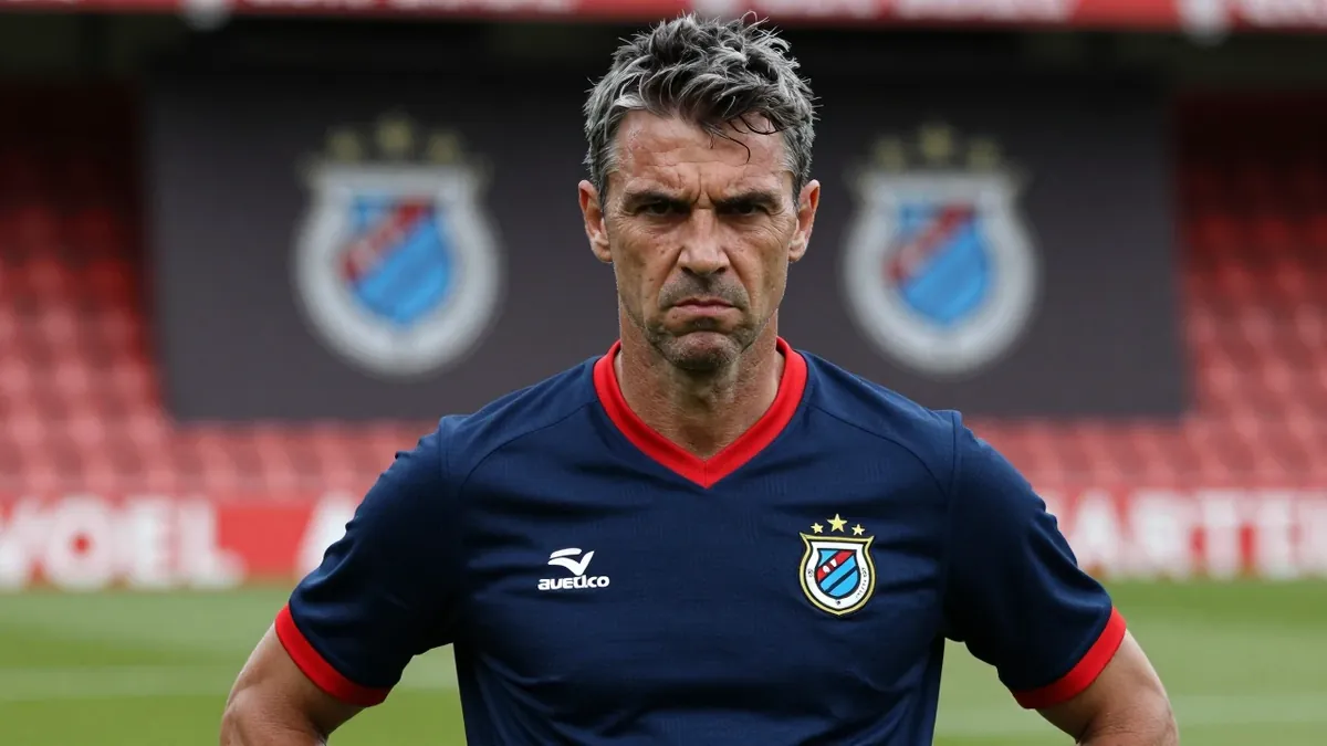 A close-up shot of a rugged, 35-year-old, 5'11" Club Brugge assistant coach, with a stern expression, his dark hair...