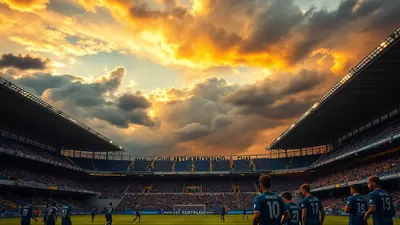 A lone forward in a plain blue shirt and white shorts, mid-air sprinting toward a blurred stadium goal line, the grass...